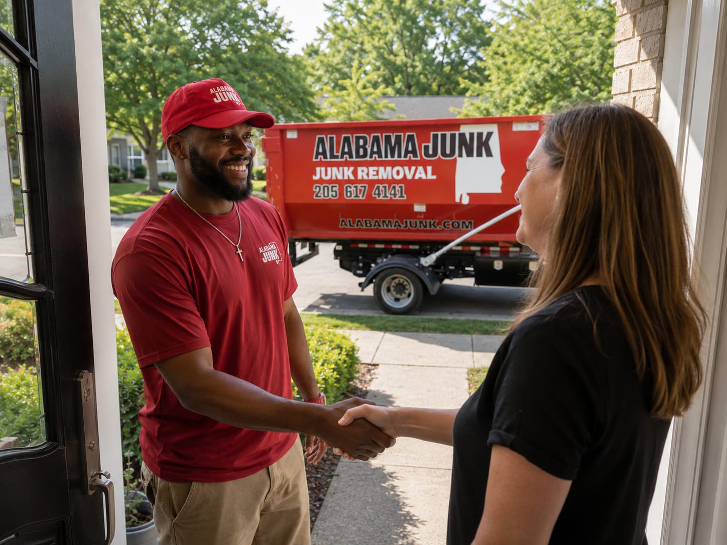 Alabama Junk Removal crew member talking with a customer in Birmingham
