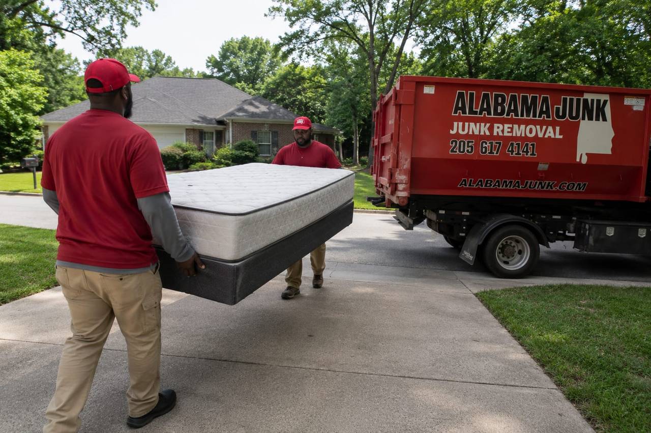 An Alabama Junk Removal crew member carrying a mattress to the truck