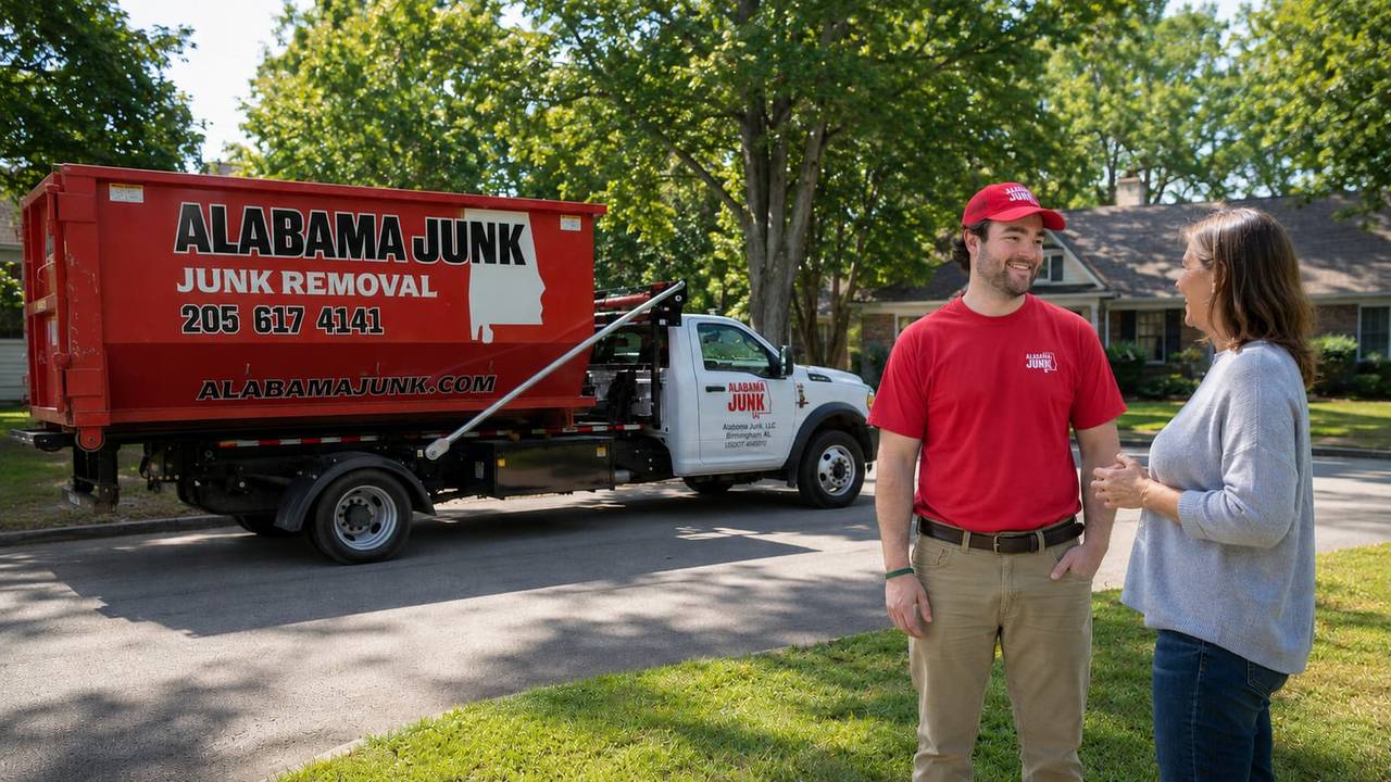 Alabama Junk Removal crew with a customer outside a Birmingham home